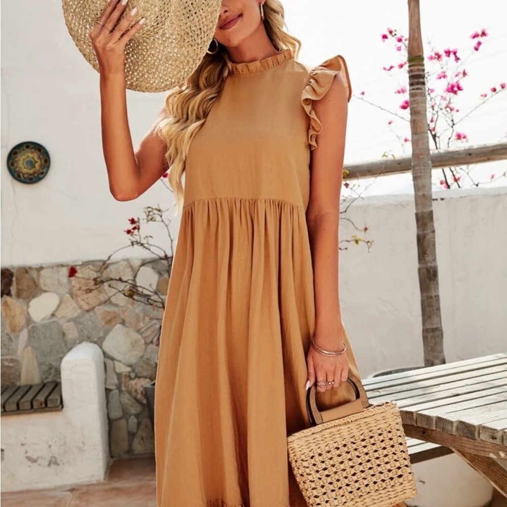 SHEIN VCAY Mock Neck Ruffle Trim Dress Camel